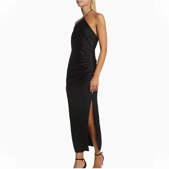 NWT•Simkhai•Hansel Ruched Satin Halterneck Gown•Black•Sz 2 - Picture 2 of 10